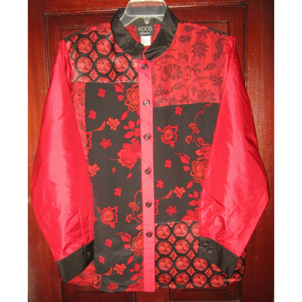 KOOS Of Course! Sz L Button Down Blouse Shirt Tank Top Silk Pockets Asian Floral